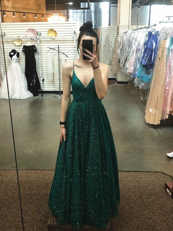 Shiny A Line V Neck Emerald Green Prom Dresses, Green V Neck Formal Graduation Evening Dresses Shiny A Line V Neck Emerald Green Prom Dresses, Green V Neck Formal Graduation Evening Dresses