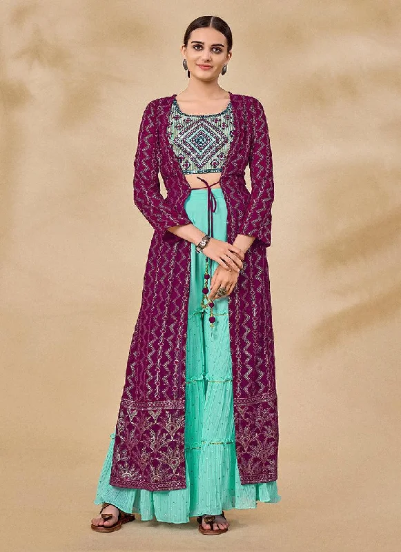 Ruffle Crop Top Sharara With Wine Jacket Wool Fabric Cashmere Fabric Tweed Fabric