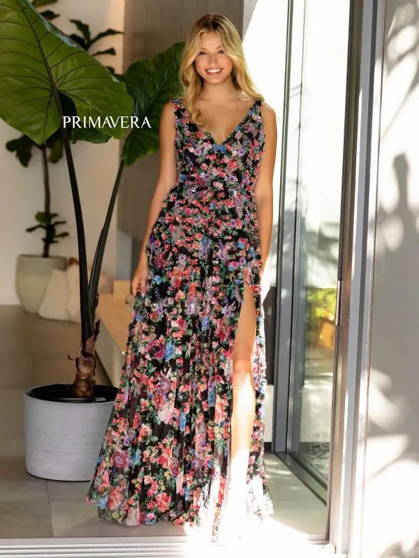 Primavera Couture 4167 Long Prom Dress Floral Print Beaded Fitted Body High Slit Formal Gown Primavera Couture 4167 Long Prom Dress Floral Print Beaded Fitted Body High Slit Formal Gown
