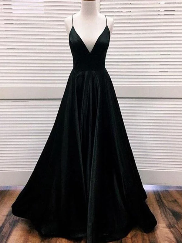 A Line V Neck Black Satin Prom Dresses Long, Black V Neck Satin Formal Graduation Evening Dresses A Line V Neck Black Satin Prom Dresses Long, Black V Neck Satin Formal Graduation Evening Dresses