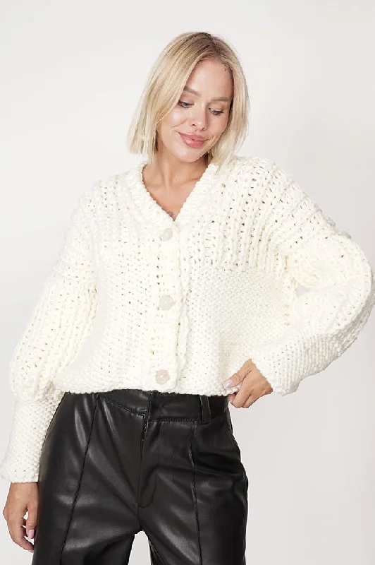 Ava Hand Made Cardigan Ecru Front Pockets Side Pockets Patch Pockets