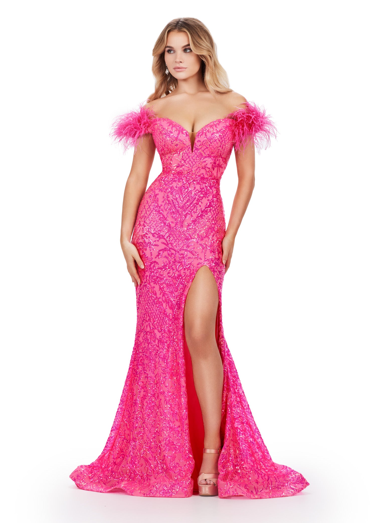 Ashley Lauren 11463 Long Prom Sequin Mermaid Prom Dress Feather off the shoulder Slit Gown Ashley Lauren 11463 Long Prom Sequin Mermaid Prom Dress Feather off the shoulder Slit Gown