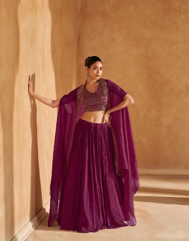 Exquisite Wine Chinon Silk Jacket Style Lehenga Choli Welt Pockets Slit Pockets Flap Pockets Exquisite Wine Chinon Silk Jacket Style Lehenga Choli Welt Pockets Slit Pockets Flap Pockets