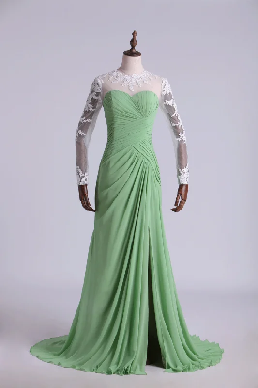 Scoop Long Sleeves Column Prom Dresses With Applique & Ruffles Chiffon