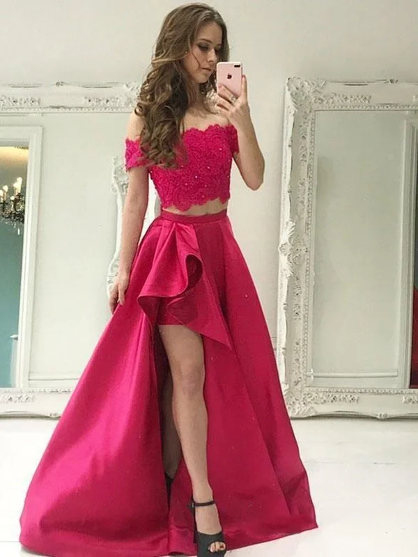 2 Pieces Off Shoulder High Low Lace Prom Dresses, 2 Pieces High Low Lace Formal Dresses, Lace Graduation Evening Dresses 2 Pieces Off Shoulder High Low Lace Prom Dresses, 2 Pieces High Low Lace Formal Dresses, Lace Graduation Evening Dresses