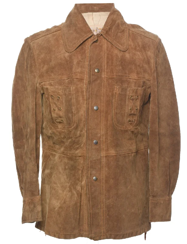 Brown Suede Jacket - M Zip Front Button Front Snap Front