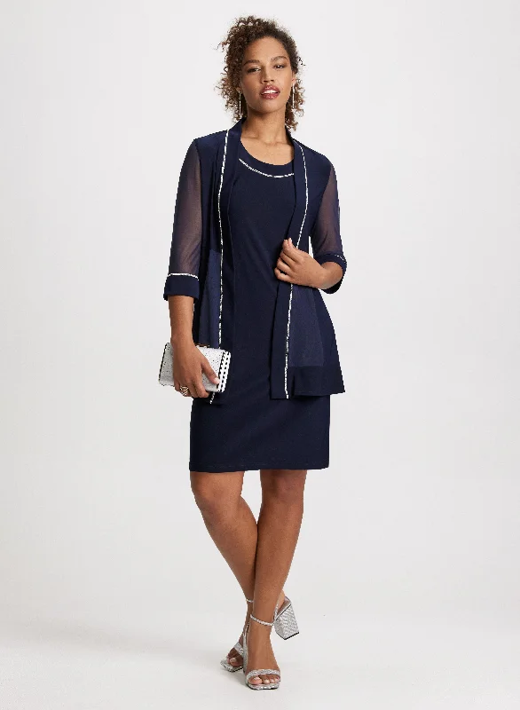 Rhinestone Trim Jacket & Dress Set Wool Fabric Cashmere Fabric Tweed Fabric