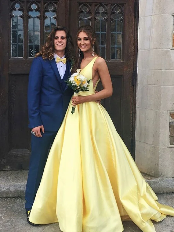 Custom Made A Line Yellow V Neck Prom Dresses, V Neck Formal Dresses, Yellow Graduation Dresses Custom Made A Line Yellow V Neck Prom Dresses, V Neck Formal Dresses, Yellow Graduation Dresses