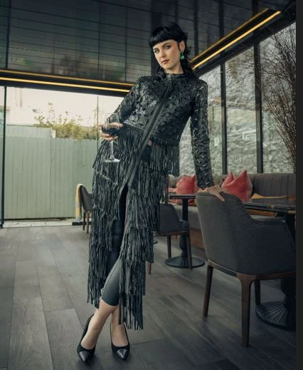 Sheena's Boutique Fringed Leather Long Dress/Jacket Tailored Jacket Straight Jacket A-Line Jacket Sheena's Boutique Fringed Leather Long Dress/Jacket Tailored Jacket Straight Jacket A-Line Jacket