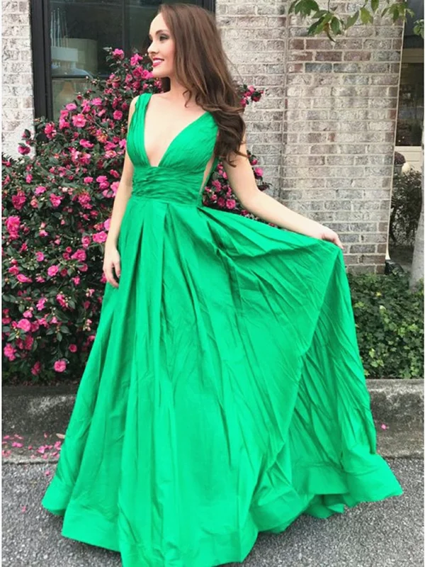 A Line V Neck Floor Length Green Prom Dress with Pleats, Green V Neck Formal Evening Dresses Long A Line V Neck Floor Length Green Prom Dress with Pleats, Green V Neck Formal Evening Dresses Long