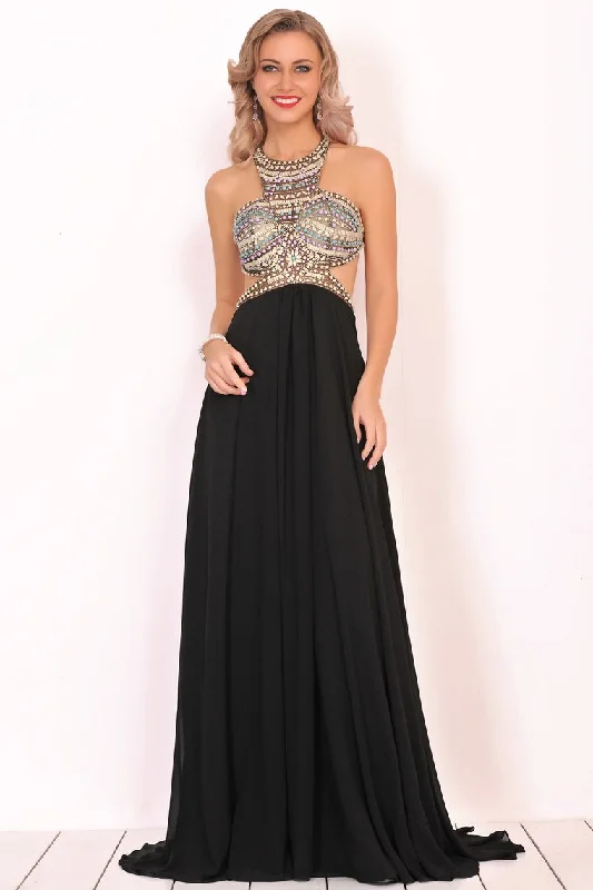 Scoop Prom Dresses A Line Open Back Chiffon With Beading