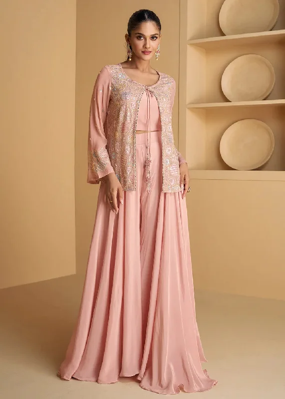 Sweet Pink Georgette Top Palazzo Suit With Embroidered Jacket Tiered Jacket Buttoned Jacket Zippered Jacket Sweet Pink Georgette Top Palazzo Suit With Embroidered Jacket Tiered Jacket Buttoned Jacket Zippered Jacket