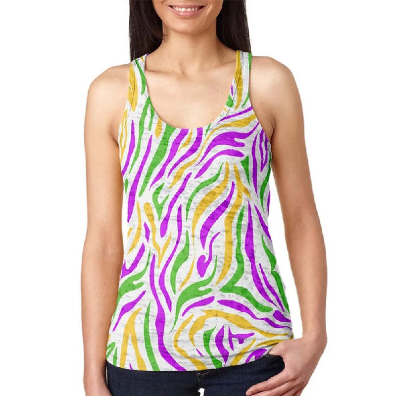 Mardi Gras Zebra Stripes Costume Juniors Burnout Racerback Tank Top white tank top