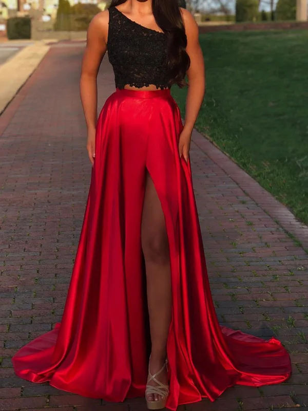 One Shoulder 2 Pieces Black Lace Prom Dresses, 2 Pieces Black Lace Formal Graduation Evening Dresses One Shoulder 2 Pieces Black Lace Prom Dresses, 2 Pieces Black Lace Formal Graduation Evening Dresses