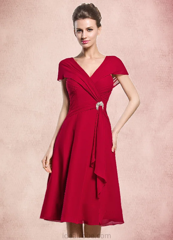 Eleanor A-Line V-neck Knee-Length Chiffon Mother of the Bride Dress With Beading Sequins Cascading Ruffles STK126P0014835 Eleanor A-Line V-neck Knee-Length Chiffon Mother of the Bride Dress With Beading Sequins Cascading Ruffles STK126P0014835