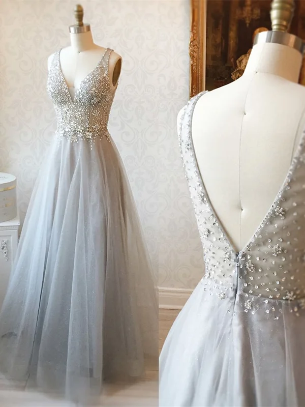 Gray V Neck Long Tulle Prom Dresses, V Neck Grey Long Formal Evening Dresses with Beadings