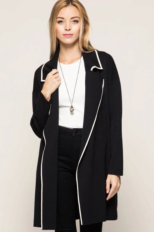 Cardigan Jacket W/ Contrast Edge Piping Open Front Closed Front Wrap Front