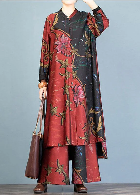 Autumn large size retro long coat jacket loose wide leg pants red printed two-piece suit Stand-Up Collar Roll-Neck Collar Turtle Neck Autumn large size retro long coat jacket loose wide leg pants red printed two-piece suit Stand-Up Collar Roll-Neck Collar Turtle Neck