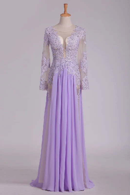Scoop Long Sleeves Prom Dresses With Applique And Beads A Line Chiffon