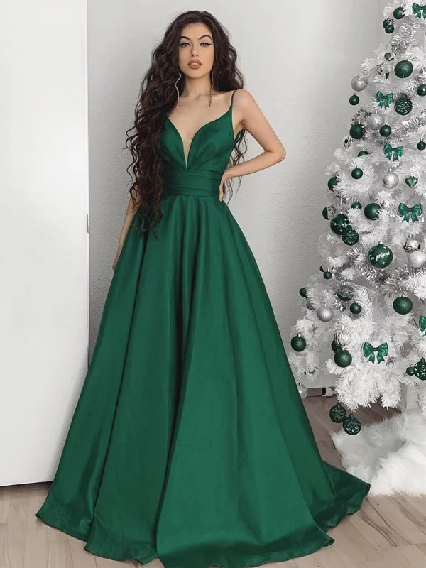A Line V Neck Emerald Green Long Prom Dresses, Green V Neck Long Formal Evening Dresses