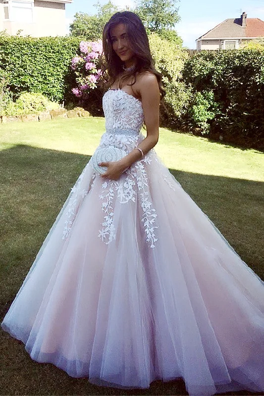 Strapless A-line Long Lace Appliques Evening Dress