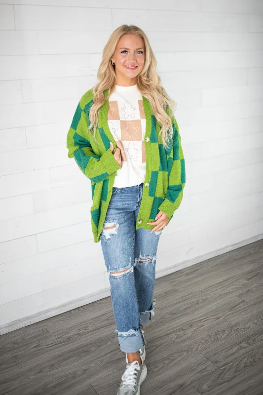 Turquoise Haven Green Checkered Cardigan Tailored Straight A-Line