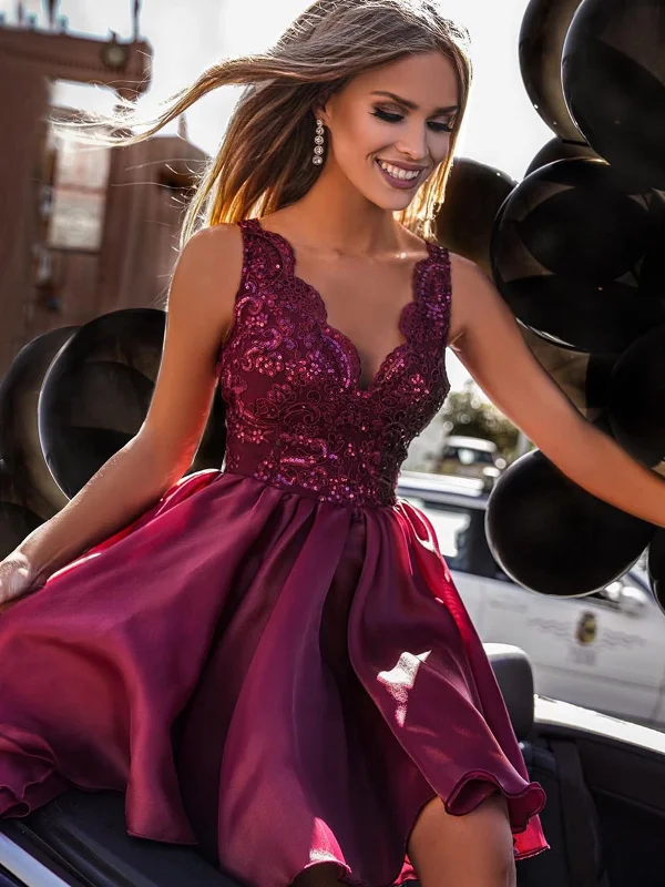 V Neck Short Burgundy Lace Prom Dresses, Short Maroon Lace Formal Graduation Dresses V Neck Short Burgundy Lace Prom Dresses, Short Maroon Lace Formal Graduation Dresses