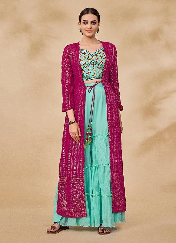Ruffle Crop Top Sharara With Pink Jacket Welt Pockets Slit Pockets Flap Pockets