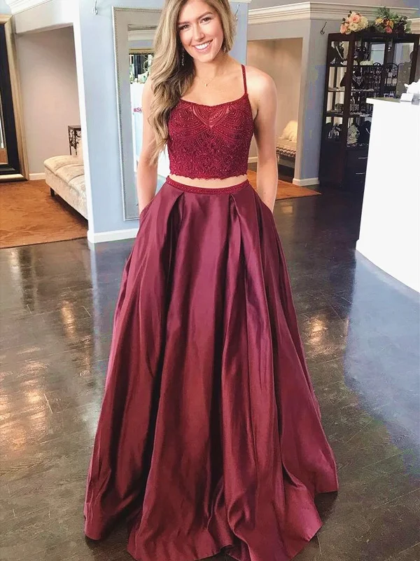 2 Pieces Burgundy Lace Prom Dresses, Two Pieces Burgundy Lace Formal Evening Dresses 2 Pieces Burgundy Lace Prom Dresses, Two Pieces Burgundy Lace Formal Evening Dresses