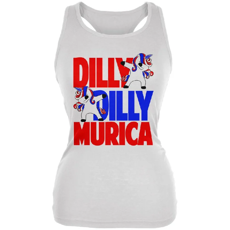 4th of July Dilly Dilly Murica Dabbing Unicorn Juniors Soft Tank Top off shoulder tank