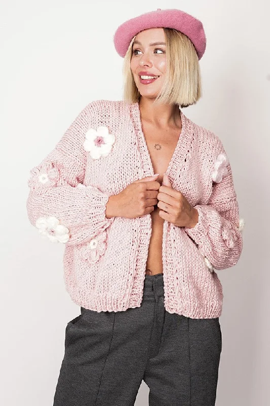 Flower Handmade Cardigan Light Pink Print Jacquard Patchwork