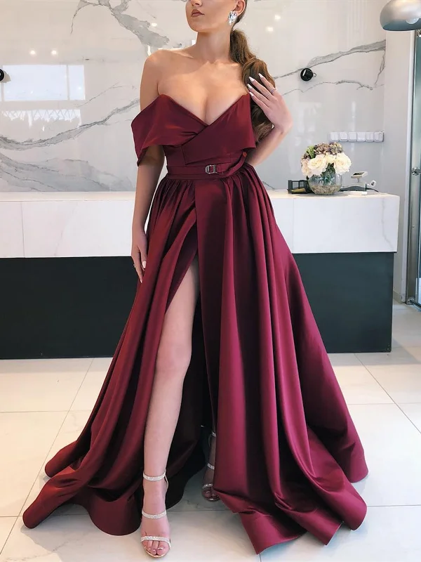 V Neck Off Shoulder Burgundy Long Prom Dress with Leg Slit, Burgundy Off the Shoulder Formal Evening Dresses Long V Neck Off Shoulder Burgundy Long Prom Dress with Leg Slit, Burgundy Off the Shoulder Formal Evening Dresses Long