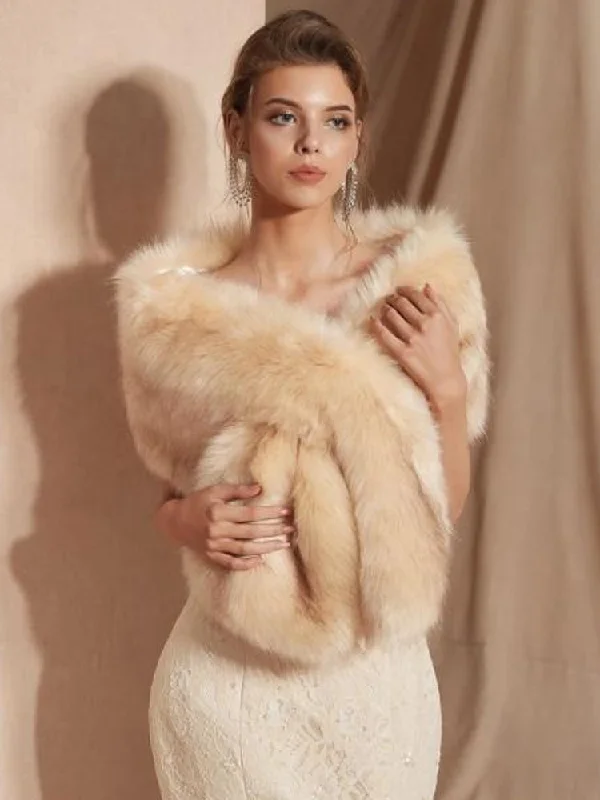 Faux Fur Stole Bridal Jacket (Champagne M) Zip Front Button Front Snap Front