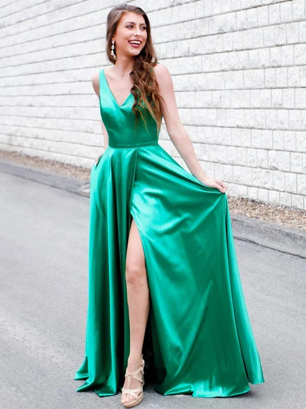V Neck Green Prom Dress with Leg Slit, Green V Neck Formal Graduation Evening Dresses V Neck Green Prom Dress with Leg Slit, Green V Neck Formal Graduation Evening Dresses