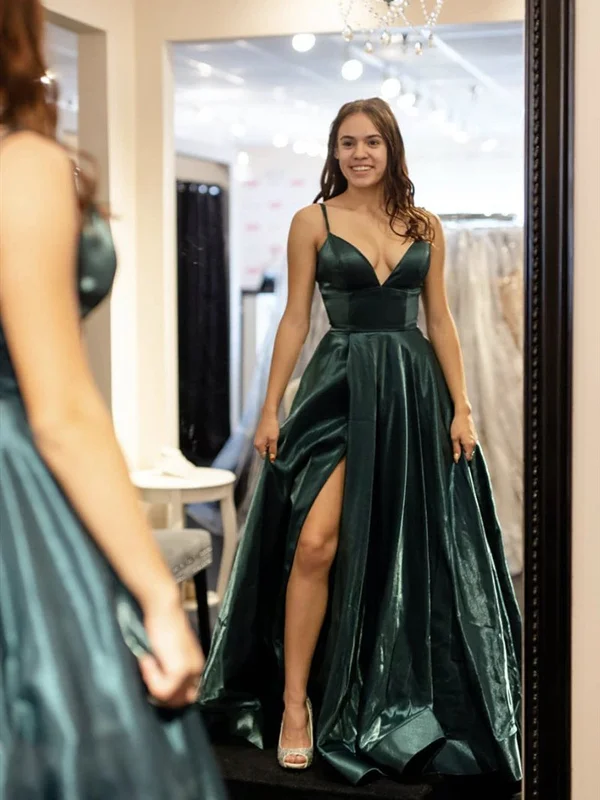 A Line V Neck Dark Green Satin Prom Dresses, V Neck Green Formal Evening Dresses with Leg Slit