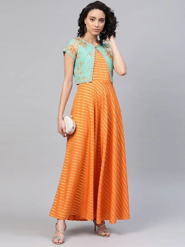 Ahalyaa Orange & Sea Green Striped Maxi Dress with Ethnic Jacket Zip Front Button Front Snap Front Ahalyaa Orange & Sea Green Striped Maxi Dress with Ethnic Jacket Zip Front Button Front Snap Front