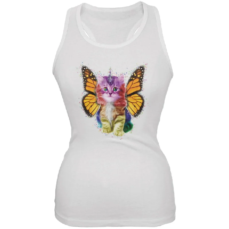 Rainbow Butterfly Unicorn Kitten White Juniors Soft Tank Top rhinestone tank top