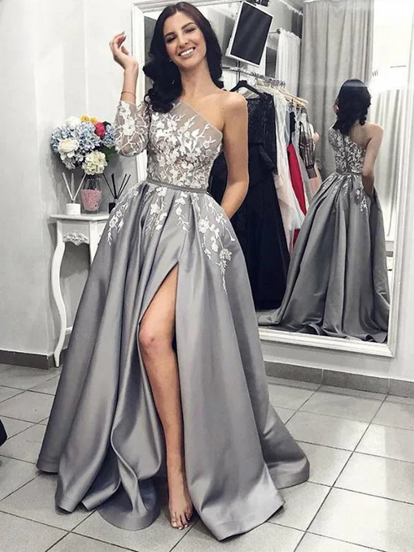 One Shoulder Gray Lace Prom Dresses with Leg Slit, One Shoulder Gray Lace Formal Graduation Evening Dresses One Shoulder Gray Lace Prom Dresses with Leg Slit, One Shoulder Gray Lace Formal Graduation Evening Dresses