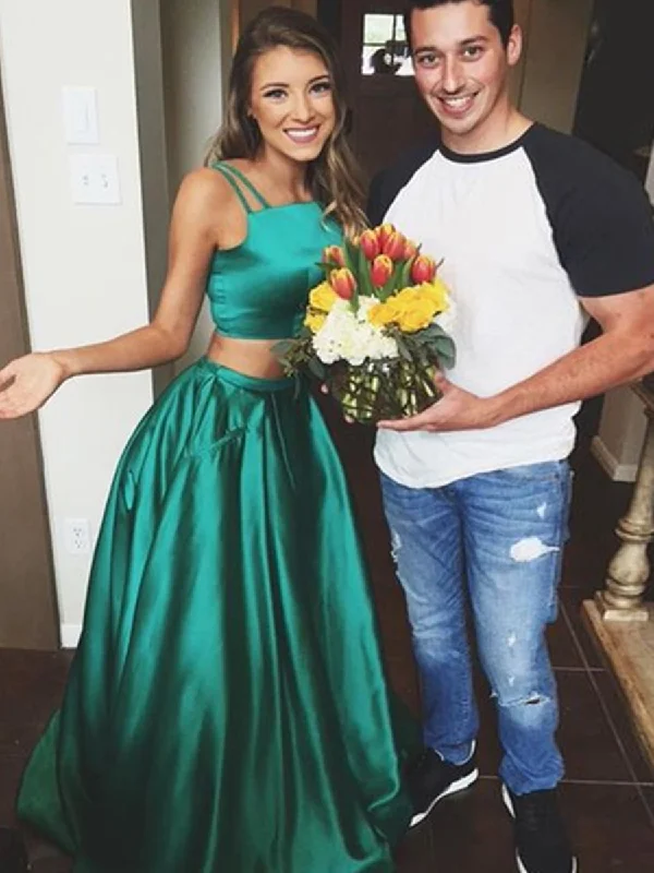 A Line Spaghetti Straps 2 Pieces Green Prom Dresses, 2 Pieces Green Formal Dresses, Graduation Dresses A Line Spaghetti Straps 2 Pieces Green Prom Dresses, 2 Pieces Green Formal Dresses, Graduation Dresses