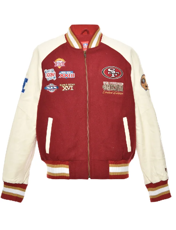 Maroon & Off-White Embroidered NFL 49ERS Varsity Jacket  - L Hooded Jacket Caped Jacket Shawl Collar Jacket