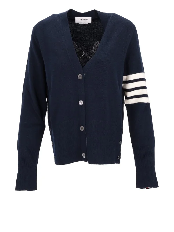 HOLIDAY MR AND MRS THOM JERSEY INTARSIA CLASSIC V NECK CARDIGAN IN MERINO WOOL W/ 4 BAR STRIPE Zippered Front Buttoned Front Snap Front HOLIDAY MR AND MRS THOM JERSEY INTARSIA CLASSIC V NECK CARDIGAN IN MERINO WOOL W/ 4 BAR STRIPE Zippered Front Buttoned Front Snap Front