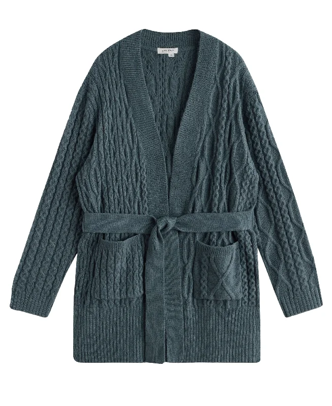 Cable Belted Cardigan - Mid Blue Iron Safe Non-Iron Wrinkle Free