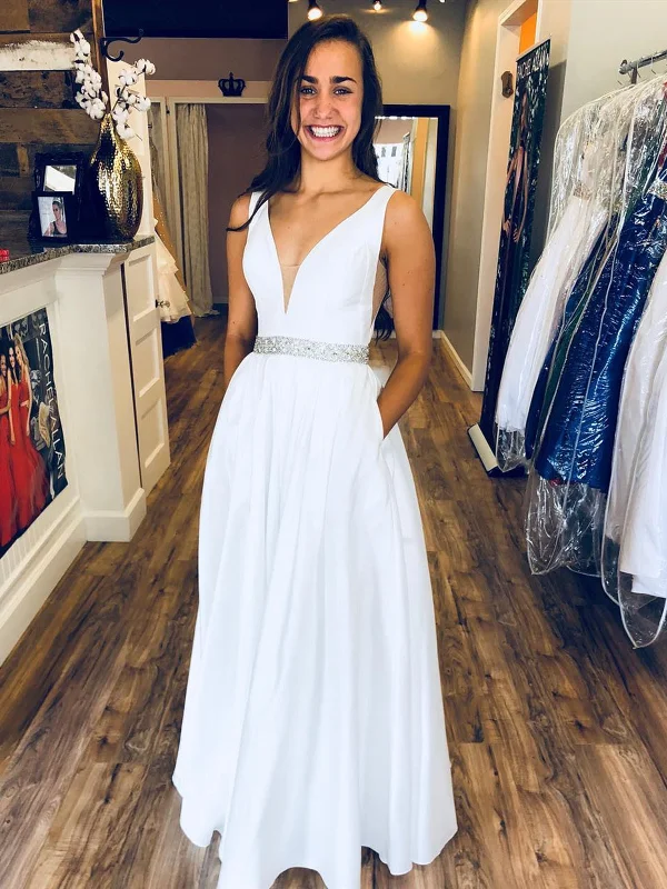 White V Neck Long Prom Dresses, V Neck Long Formal Evening Dresses