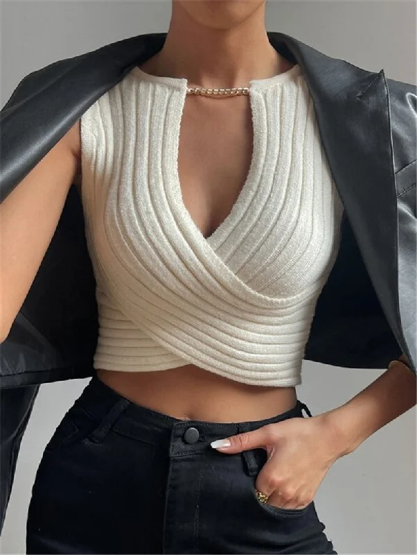 Sexy Chain Crossed Knitted Tank Tops one shoulder tank