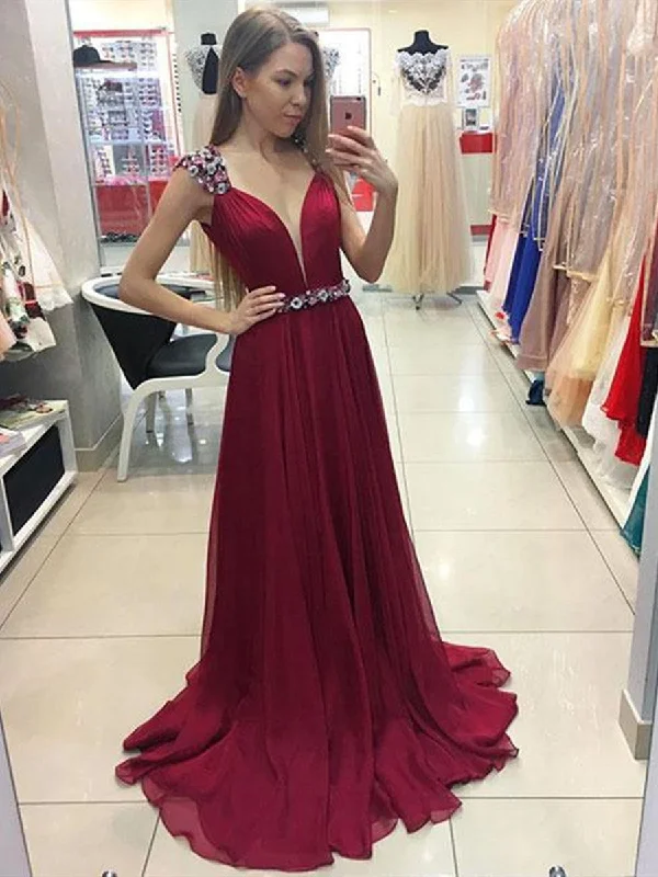 A Line V Neck Cap Sleeves Burgundy Prom Dresses, V Neck Burgundy Formal Dresses, Graduation Dreses A Line V Neck Cap Sleeves Burgundy Prom Dresses, V Neck Burgundy Formal Dresses, Graduation Dreses