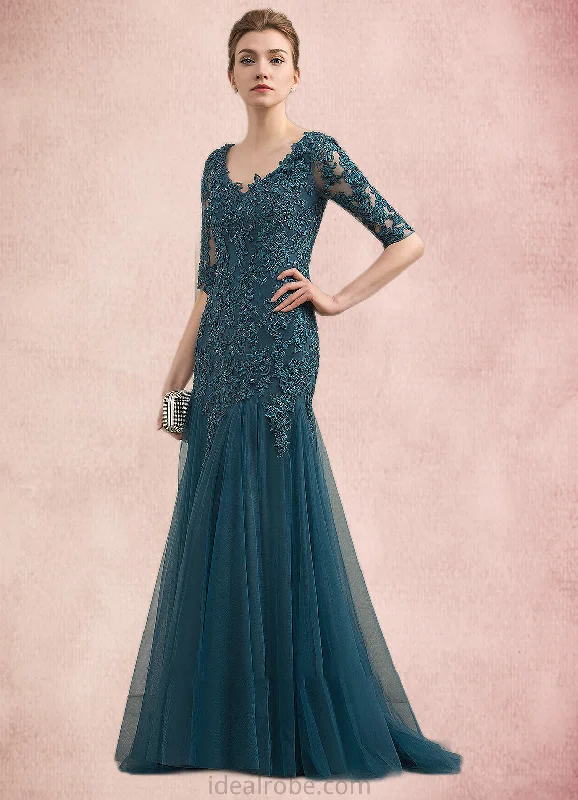 Ansley Trumpet/Mermaid V-neck Sweep Train Tulle Lace Mother of the Bride Dress With Beading Sequins STK126P0014804 Ansley Trumpet/Mermaid V-neck Sweep Train Tulle Lace Mother of the Bride Dress With Beading Sequins STK126P0014804