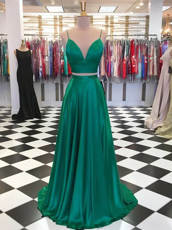 A Line 2 Pieces Green Prom Dresses, 2 Pieces Green Formal Graduation Evening Dresses A Line 2 Pieces Green Prom Dresses, 2 Pieces Green Formal Graduation Evening Dresses