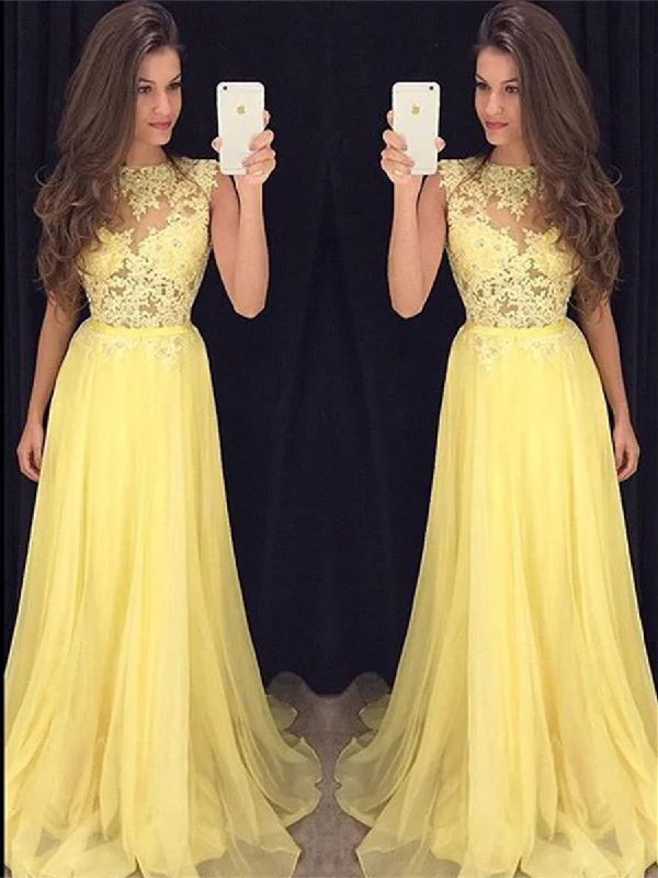 A Line Round Neck Yellow Lace Prom Dresses, Yellow Lace Graduation Dresses, Formal Dresses A Line Round Neck Yellow Lace Prom Dresses, Yellow Lace Graduation Dresses, Formal Dresses