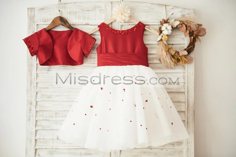 Beaded Red Taffeta Tulle Wedding Flower Girl Dress, Matching Jacket Jacket Blazer Coat Beaded Red Taffeta Tulle Wedding Flower Girl Dress, Matching Jacket Jacket Blazer Coat