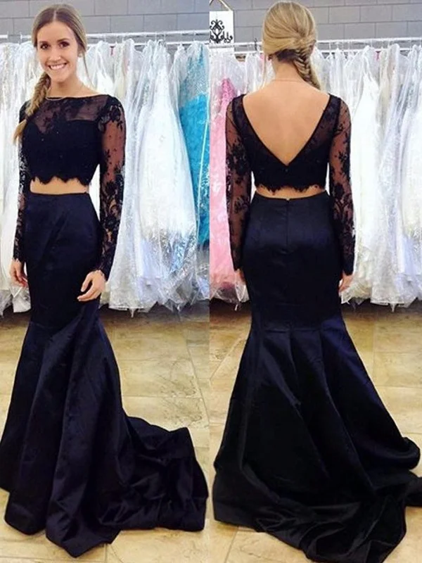 Black Long Sleeves 2 Pieces Mermaid Lace Prom Dresses, 2 Pieces Lace Mermaid Formal Evening Dresses Black Long Sleeves 2 Pieces Mermaid Lace Prom Dresses, 2 Pieces Lace Mermaid Formal Evening Dresses